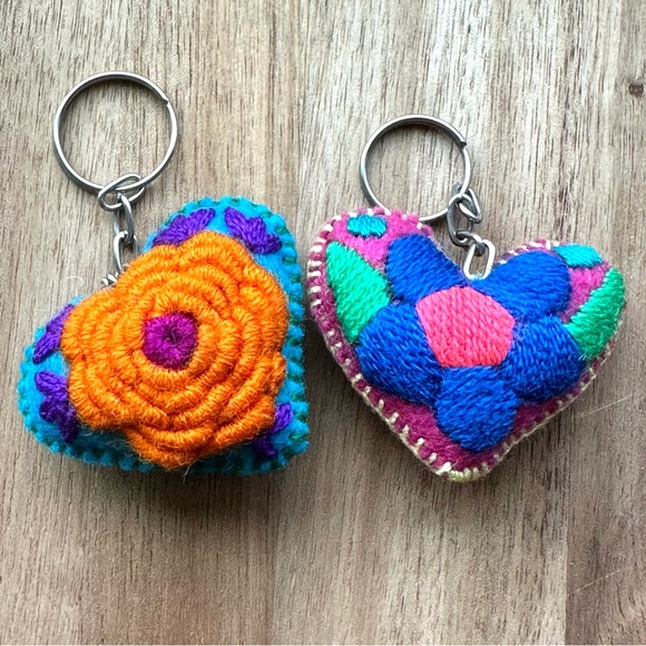 Two Hand Embroidered Hearts Mexican Ornament Heart Keychain Corazon Bordado - Picture 5 of 5